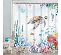 GCIREC Cortina de Ducha, 200x180cm, Acuarela Rosa Azul Océano Tortugas Marinas Estrella de Mar Pulpo Cortina de Baño de Tela Impermeable Lavable a Máquina con Ganchos