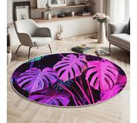 GDJSMIN Alfombra Salon Redonda 160Cm,Hojas Monstera Rosa Neón Alfombras Habitacion Lavable Lavadora,Plantas De La Selva Alfombras Comedor Antideslizante Tapete Sala para Mesa De Café,Púrpura