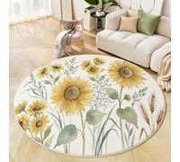 GDJSMIN Alfombras Redondas,Estilo Pastoral Tapete Redondo Antideslizante,Girasol Amarillo Plantas Herbáceas Alfombra De Área Redonda Grande para Salón,Mesa De Café,Dormitorio (Amarillo,200Cm)