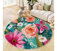 GDJSMIN Alfombras Redondas,Pinturas Al Óleo Lujo Tapete Redondo Antideslizante,Rosas Lirios Abstractos Alfombra De Área Redonda Grande para Salón,Mesa De Café,Dormitorio (Azul Verdoso,80Cm)