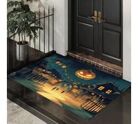 GDJSMIN Felpudo Entrada 90 X 150 Cm,Linterna Linterna De Calabaza Pueblo Alfombra Absorbente Entrada Y Lavable,Aldea Oscura Alfombrilla Exterior Antideslizante De La Casa,Cian Oscuro