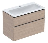 Geberit iCon Set mueble lavabo con mueble bajo lavabo, 2 cajones, 90x63x48 cm, 502337, 502.337.JH.1, Color: Lavabo: blanco, frente/carcasa: estructura de madera de roble/melamina, tirador: lava/polvo