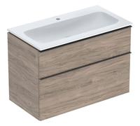 Geberit iCon Set mueble lavabo con mueble bajo lavabo, 2 cajones, 90x63x48 cm, 502337, 502337JR1, Color: lavabo: blanco, frente/carcasa: nogal americano/estructura de madera de melamina, tirador: lava