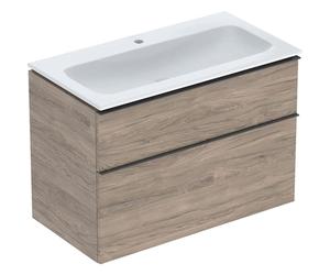 Geberit iCon Set mueble lavabo con mueble bajo lavabo, 2 cajones, 90x63x48 cm, 502337, 502337JR1, Color: lavabo: blanco, frente/carcasa: nogal americano/estructura de madera de melamina, tirador: lava