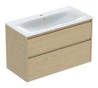 Geberit Renova Plan Conjunto de muebles lavabo con borde estrecho, con mueble bajo lavabo, 2 cajones, 100x62,1x48cm, 504041PS1, Color: Lavabo: blanco, frente/carcasa: estructura de madera de roble nat