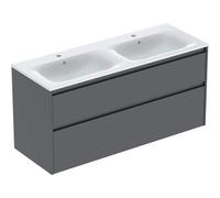 Geberit Renova Plan Conjunto mueble doble lavabo borde estrecho, con mueble bajo lavabo, 2 cajones, 130x62,1x48cm, 504.042.JK.1, Color: Lavabo: blanco, frente/carcasa: lava/barnizado satinado mate