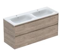 Geberit Renova Plan Conjunto mueble doble lavabo borde estrecho, con mueble bajo lavabo, 2 cajones, 130x62,1x48cm, 504042JR1, Color: lavabo: blanco, frente/carcasa: nogal americano/estructura de mader