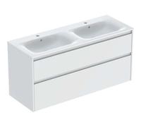 Geberit Renova Plan Conjunto mueble doble lavabo borde estrecho, con mueble bajo lavabo, 2 cajones, 130x62,1x48cm, 504.042.00.8, Color: Lavabo: blanco/KeraTect, frente/carcasa: blanco/barnizado satina