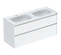 Geberit Renova Plan Conjunto mueble doble lavabo borde estrecho, con mueble bajo lavabo, 2 cajones, 130x62,1x48cm, 504.042.01.8, Color: Lavabo: blanco/KeraTect, frente/carcasa: blanco/barnizado con br
