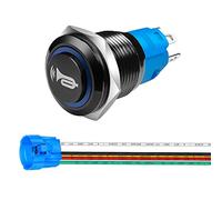 Gebildet 16mm 12V-24V/5A Interruptor Momentáneo, Bocina de Altavoz Botón Negro con Precableado, Interruptor de Metal Resistente al Agua con Luz LED Azul para Coche y Barco
