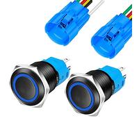 Gebildet 2Piezas 16mm Metal Negro Pulsador Momentáneo 12V-24V 3A LED 1NO1NC SPDT Encendido Apagado Impermeable con Enchufe de Cable (LED Azul)
