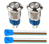 Gebildet 2piezas 16mm Momentáneo Pulsador de Botón Acero Inoxidable, Impermeable ON/OFF 12V-24V 5A LED 1NO1NC SPDT Pulsador con Enchufe de Cable(LED Azul)