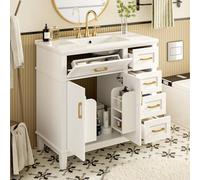 Gecheer Mueble de baño de pie 90x46x87 cm, Lacado en Blanco con cajones de Cierre Suave, Armario con Lavabo Empotrado, para baño Moderno y Elegante