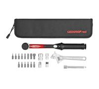 GEDORE juego de herramientas rojo bicicleta con llave dinamométrica 1/4", 21 piezas, 5-25 Nm, adaptador 3/8", extensión cardán, brocas, kit de reparación con bolsa, R21702021, negro/rojo