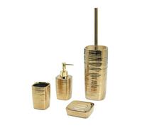 GEDY | Juego de baño de 4 Piezas Kelly Color Oro, dispensador de jabón de 240 ml, escobilla con Cepillo de cerdas, portacepillos de Dientes, jabonera, Accesorios de baño Fabricados en cerámica