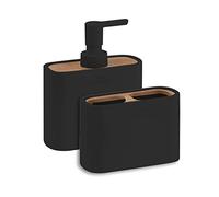 GEDY | Set Melbourne 2 Piezas, 1 Dispensador de Jabón y 1 Porta Cepillador, Serie Hecho de Resina y Bambú con Acabados Negros