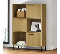 GeenYuu Librería Oslo en Madera Maciza de Pino marrón con Patas metálicas de 90x35x128,5cm para Oficina, salón o Dormitorio, con 6 Compartimentos, Puertas y Soporte de Pared para Mayor Estabilidad