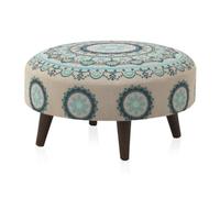 GEESEHOME Puff Tapizado Algodón y Poliéster con Patas de Madera, Lino Bordado Verde y Azul