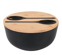 GEHE Juego de cuencos de ensalada con servidores, cuencos grandes de 9.8 pulgadas, cuenco de madera maciza de bambú con tapa de bambú, cuchara para frutas, ensaladas y decoración (negro, 9.8 pulgadas)