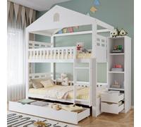Gelukueub Litera de 90 x 200 cm con forma de casa, cama doble para 2 niños con escalera, 2 cajones grandes, armario de almacenamiento lateral y protección anticaídas