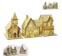 Genérico 3 Piezas Casitas Navideñas De Madera, Casita Luminosa LED De Pueblo Navideño, Casas Madera para Cuadro para Manualidades, Casitas Navidad para Villa para Escritorio, Armarios, Alféizares