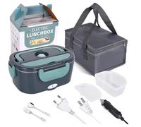 Genérico Fiambrera Electrica 4 en 1 12V/24V/220V~240V Calentador de Comida Portatil con Termo para Coche Camión y Trabajo 1.5L 60W en Acero Inoxidable con Tartera Bolsa Térmica y Juego de Cubiertos