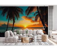 Genérico Fotomurales 3D Palmeras 300x210 cm Fotomural Poster Pegamento Playa Tropical Puesta De Sol Fotomurales Papel pintado Living Oficina Dormitorio 25G-42