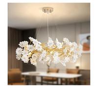 Genérico Lámpara de araña francesa flores blancas for sala estar, cerámica Bloom, dormitorio niña, romántica, colgante techo,Luz colgante(ROUND 80CM)