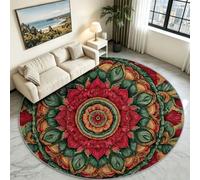 Generisch Alfombra de pelo corto, redonda, 160 cm, lavable, exótica, para sofá, mesa de café, mandala, hojas verdes, decorativa, salón, dormitorio, parte inferior antideslizante, para comedor