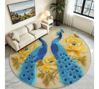 Generisch Alfombra de pelo corto, redonda, 90 cm, lavable, tradicional, lujosa, para sofá, mesa de café, flores de pavo real, decorativa, salón, dormitorio, parte inferior antideslizante, para comedor