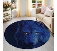Generisch Alfombra lavable con animales, redonda, 160 cm, color azul y amarillo, alfombra redonda para sala de estar, antideslizante, dormitorio, alfombra luminosa, lobo azul y cielo estrellado