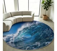Generisch Alfombra redonda azul de 200 cm de diámetro de lana sintética para interiores, moderna, gran ola, de pelo corto, con efecto 3D, efecto brillante y superficie suave, apta para calefacción por