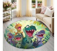 Generisch Alfombra redonda de 180 cm, lavable y antideslizante, de pelo corto, suave, redonda, diseño de animales de anime, moderno, alegre dinosaurio y selva, para sala de juegos, verde multicolor