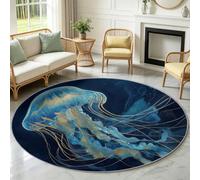 Generisch Alfombra redonda para salón, antideslizante, 90 cm, color azul, lavable, para dormitorio, medusa luminosa, pelo corto, animales marinos