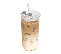 Generisch Bottle Glassware - Cups Square Glass Cups - Bottle Glassware with Lid and Straws, Heat-Resistant Beverage Cup for Coffee Tea Juice Desk Kitchen Office Travel Home Party