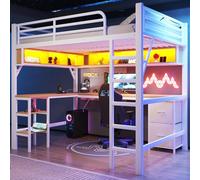 Generisch Cama alta de metal blanco 140 x 200 cm Gaming LED USB escritorio
