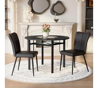 Generisch Juego de mesa de comedor redonda con 2 sillones, 100 cm de diámetro, imitación de madera negra, sillas de poliuretano con patas de metal, con inserto de cristal y estante de cristal para