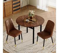 Generisch Juego de mesa de comedor redonda con 2 sillones de tela marrón Tech, 100 cm de diámetro, aspecto de madera con placa de cristal, con estructura de metal negro para comedor, cocina, salón