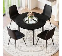 Generisch Juego de mesa de comedor redonda con 4 sillones de poliuretano negros, mesa de 100 cm de diámetro en imitación de madera negra con incrustaciones de cristal, conjunto de asientos ergonómicos