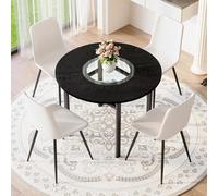 Generisch Juego de mesa redonda con 4 sillones de poliuretano, color blanco, 100 cm de diámetro, mesa en imitación de madera negra con inserto de cristal, para comedor, salón, cocina, muebles para 2-4
