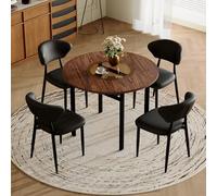 Generisch Juego de mesa redonda de comedor con 4 sillones de poliuretano negros, 100 cm de diámetro, aspecto de madera con inserto de cristal irrompible, para cocina, salón, hasta 6 personas