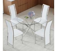 Generisch Juego de mesa y silla, mesa de comedor redonda de cristal templado de 88 cm + 4 sillas de comedor de poliuretano blancas con estructura de metal plateado para apartamentos pequeños, estilo