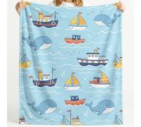 Generisch Manta de forro polar de franela suave y resistente, 150 cm x 180 cm, con diseño náutico de barco, ballena, ondas, historia, manta térmica para sofá, para salón, todas las estaciones