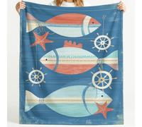 Generisch Manta de forro polar suave y resistente, 150 cm x 180 cm, con volante náutico de pescado, estrella de mar, diseño de rayas de imitación de madera, manta térmica para sofá para salón, todas