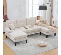 Generisch Sofá grande de 4 plazas en forma de U beige de tela de lino suave con 2 chaise lounges respaldo ergonómico, pies estables, bolsillos de almacenamiento y conexión USB/tipo C para sala de