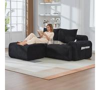 Generisch Sofá modular de pana para 2 personas con taburete, con soporte para bebidas y bolsa de almacenamiento lateral, color negro