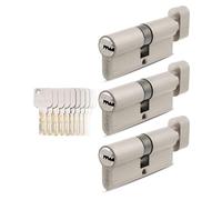GERCAR Pro 3 cilindros 35/35 de cierre uniforme, juego de 3 cilindros con pomo y 15 llaves, 70 mm, cerradura de puerta, A: 35 B: 35 mm, latón macizo mate