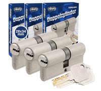 GERCAR Pro Cilindro de perfil 28/34 Juego de 3 cilindros de cierre sólido de doble cilindro - Latón mate - incl. 10 llaves - Llave reversible - Longitud: 65 mm, A:28 B:34-3x