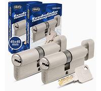 GERCAR Pro Juego de 2 cerraduras cilíndricas de latón niquelado mate 45/45 - 2x cilindro de cerradura/ cerradura de barril con botón 90 mm para puerta - con 10 llaves - Longitud: 90 mm, A: 45 B: 45