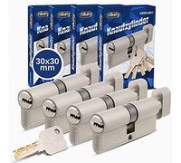 GERCAR Pro Juego de 4 cerraduras cilíndricas de latón niquelado mate 30/30-4x cilindro de cerradura/cerradura de barril 60 mm con botón para puerta - con 10 llaves - Longitud: 60 mm, A: 30 B: 30
